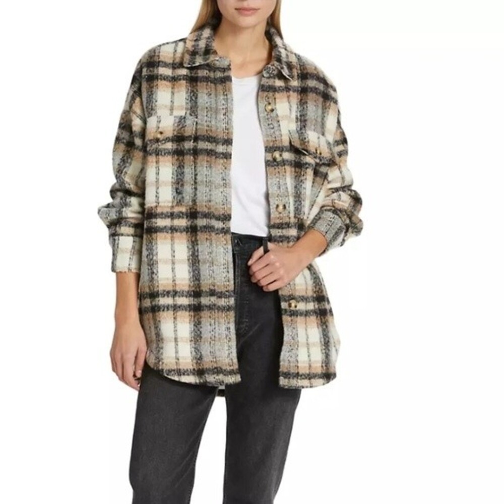 Good American Oversized Plaid Shacket in Neutral size 5/6- US size XXL/XXXL - Picture 1 of 16